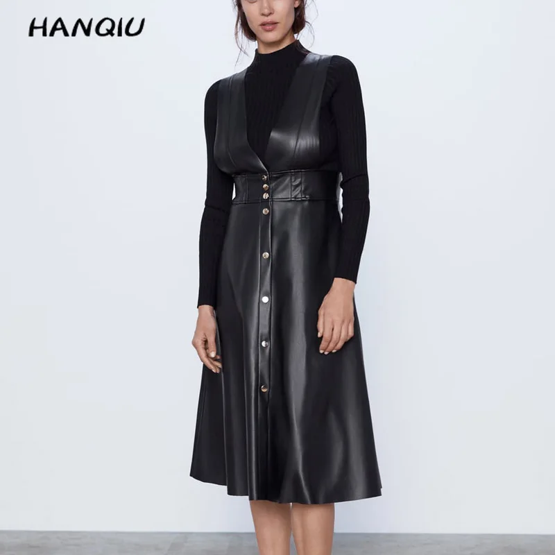 2019 винтажное платье из искусственной кожи женское модное средней длины