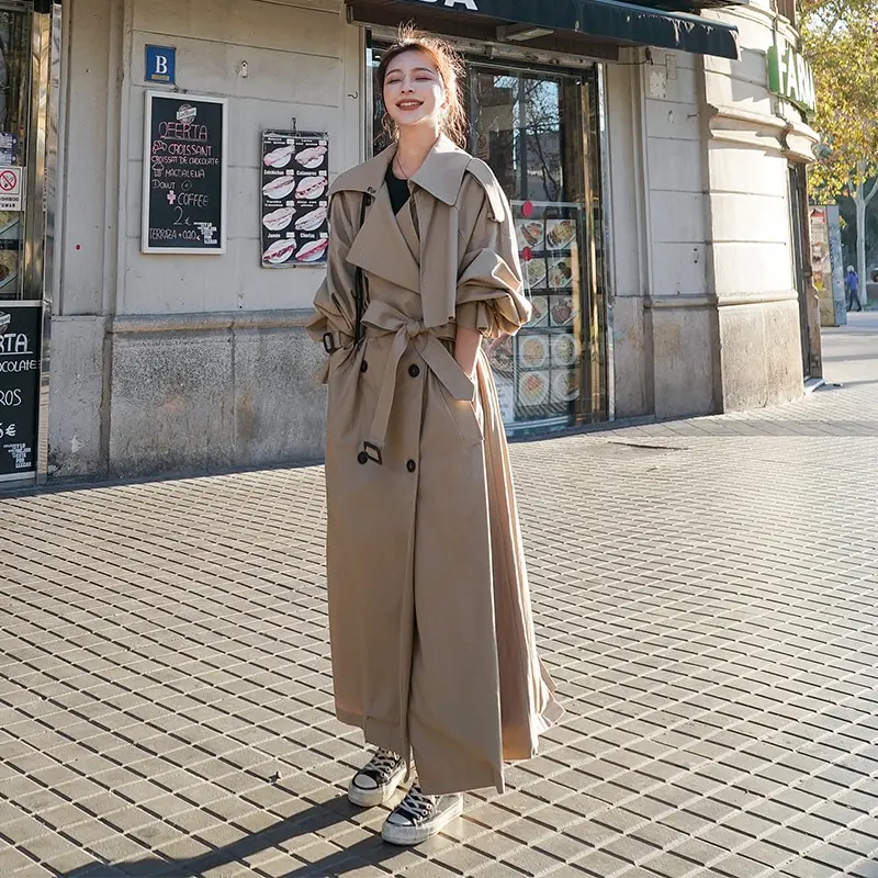 

Oversized X-Long Korean Style Loose Women's Trench Coat Double-Breasted Belted Lady Cloak Windbreaker Spring Fall Outerwear Grey