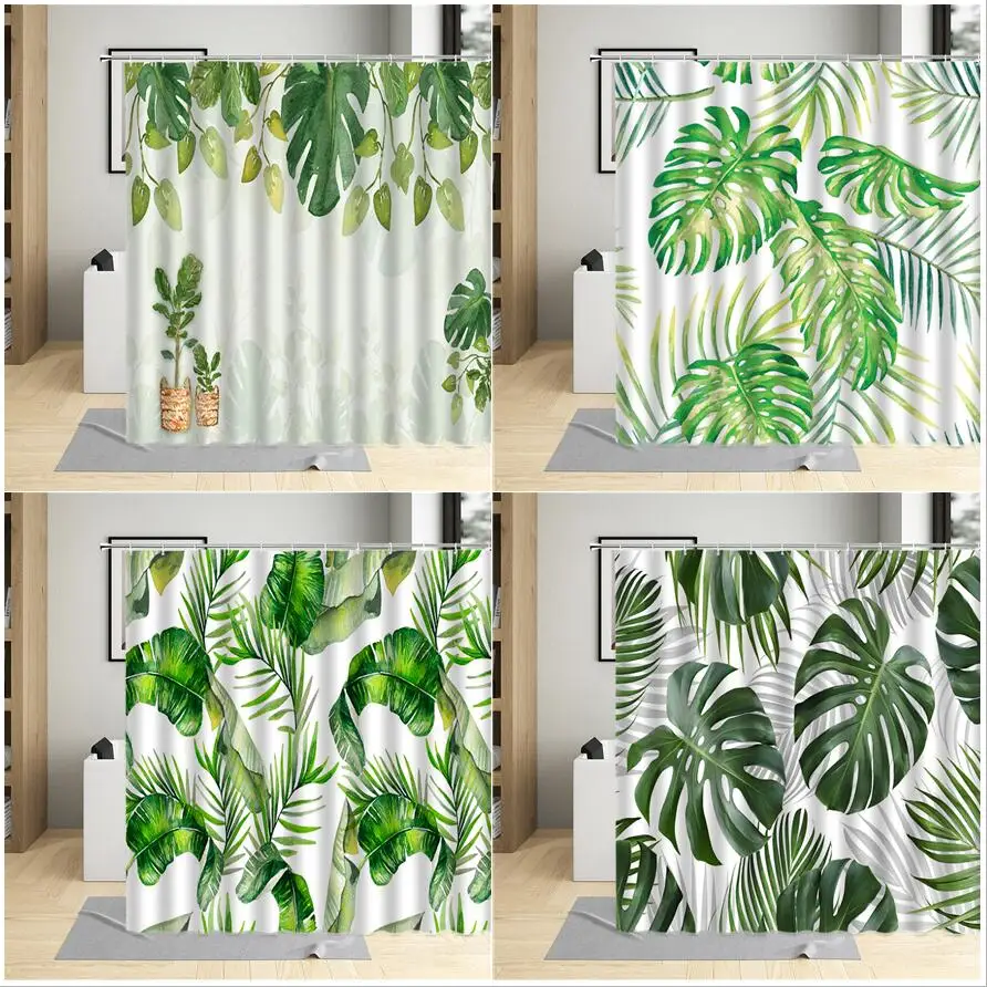 

3D Tropical Monstera Shower Curtains Watercolor Banana Leaf Palm Leaves Green Plants Fabric Nordic Bathroom Decor Set with Hooks