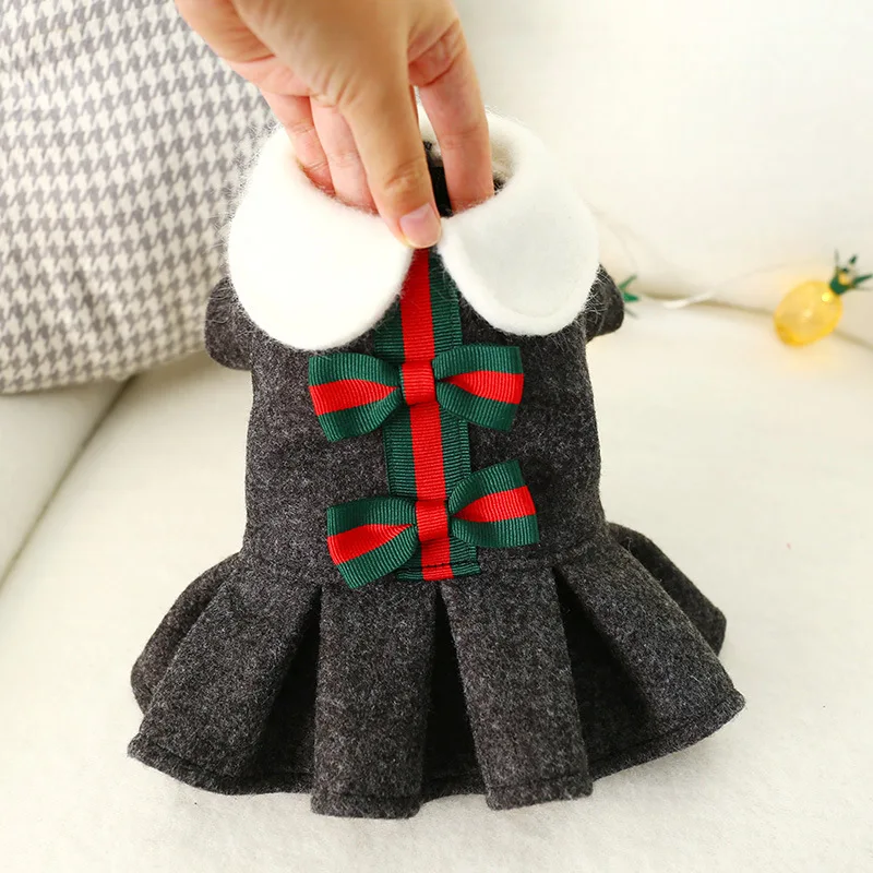 

Dark Grey Girl Dogs Clothes Winter Dress for Pets Preppy Look Woolen Skirt Bow Tie Decorate Pet Puppy All-In-One Dogs Clothing