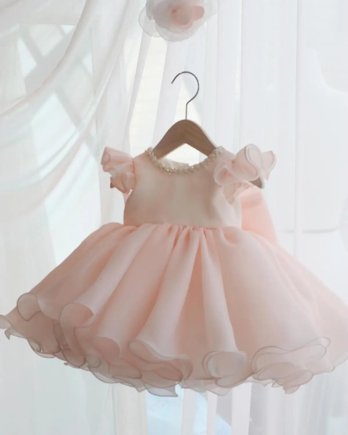 pink short sleeve С длинным рукавом Платья для маленьких девочек с бантом; платье для крещения крестильное платье для принцессы 1 год День рождения Свадебное платье для крещения маленьких детей Костюмы - Цвет: pink short sleeve