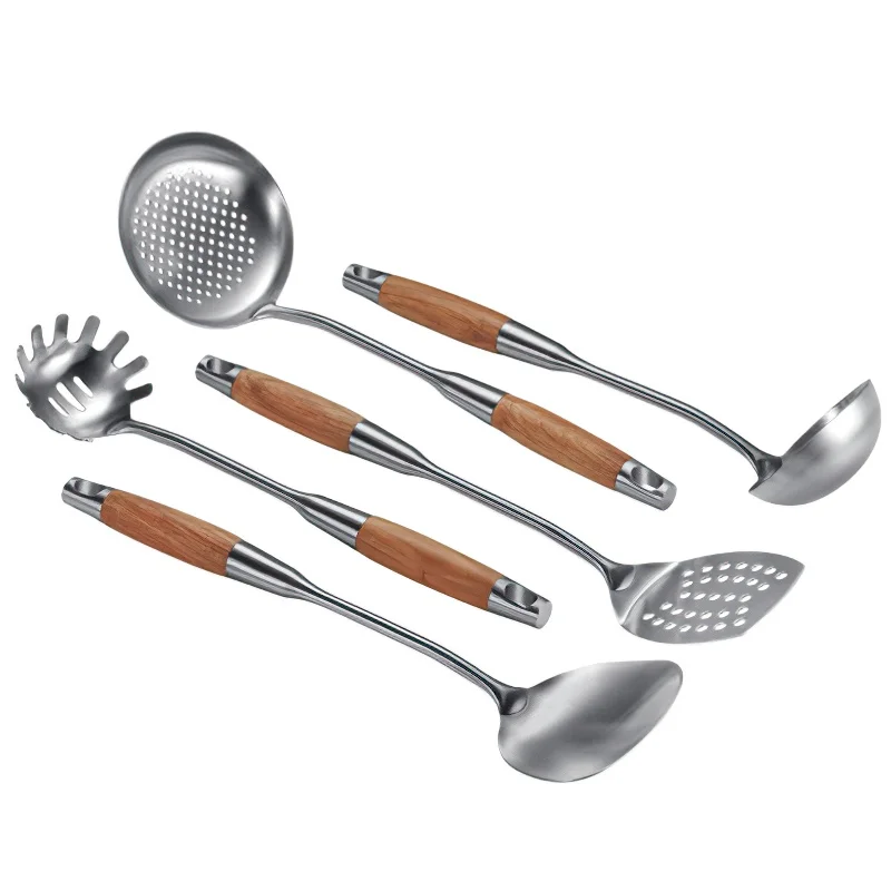 

304 Stainless Steel Kitchenware Set Solid Wood Handle Frying Spatula Soup Spoon Cooking Tools Household Kitchen Supplies