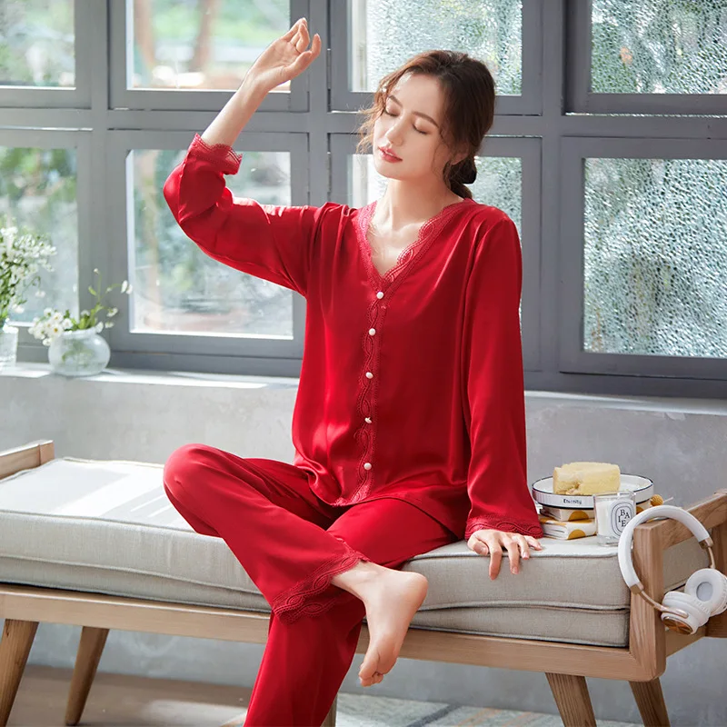 Summer New Pajamas Women's Sexy Sleepwear Ice Thin Long Sleeve Spring Autumn Silk Leisure Nightgown Home Suit Female Nightwear