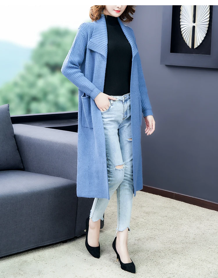 Осенняя одежда 2019 вязаный женский кардиган длинный свитер с карманами шерстяной