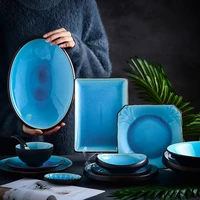 japanese blue ceramic food plates thick lips dinner salad bowl saucer rectangle dish fish dinnerware set wholesale