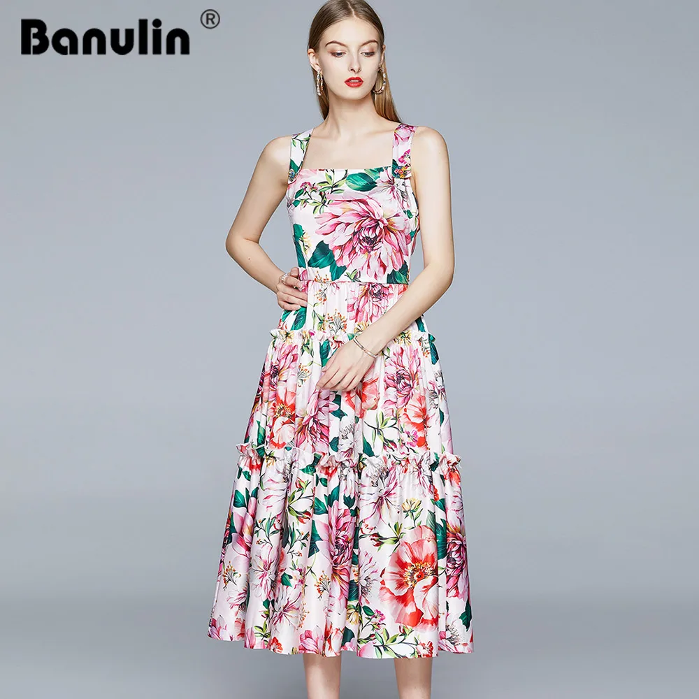 

Banulin Summer Fashion Runway Cotton Dress Women's Metal Buttons Rose Floral Print Elegant Vacation Spaghetti Strap Dress