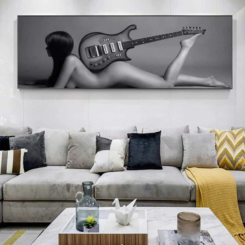 

Современные Обнаженная девушка Картина на холсте серые пикантные Обнаженная женщина с гитарные плакаты принты настенные картины для Декор...