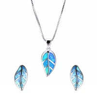 fashion leaves design jewelry set blue imitation fire opal pendant necklace with earrings for women accessories party loves gift