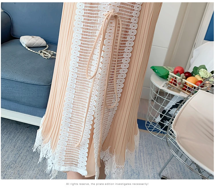 Summer Sleeveless/Long Sleeve Maternity Chiffon Pleated Dress V-neck Lace Patchwork Tassel Hem Pregnant Women Dress Sweet