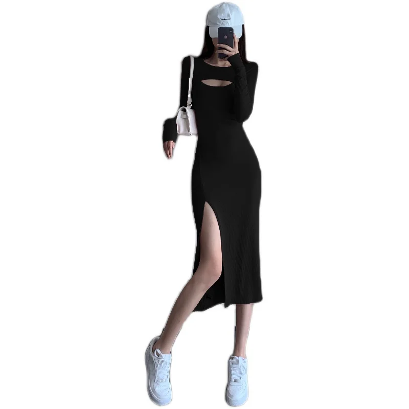 

One-Piece Korean Trend Women'S Clothing Fashion Autumn O-Neck High Split Sexy Slim Bodycon Dress Hollow Chest Vestido De Mujer