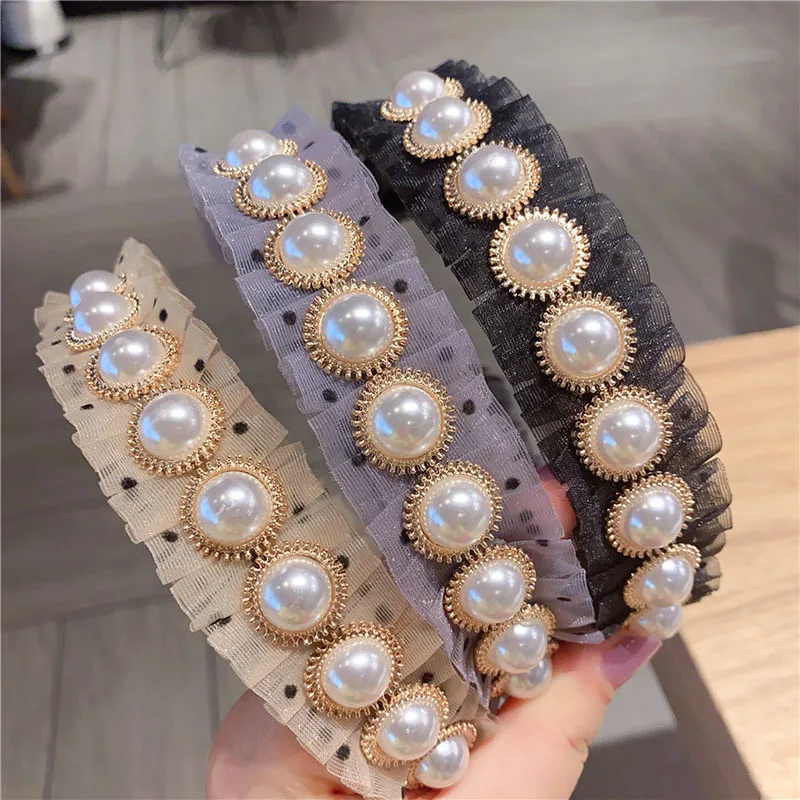 

Korea Pearl Mesh Pleated Hairbands Women Sweet Vintage Black Grey Beige Bead Headband Lady Fashion All Match Hair Accessories