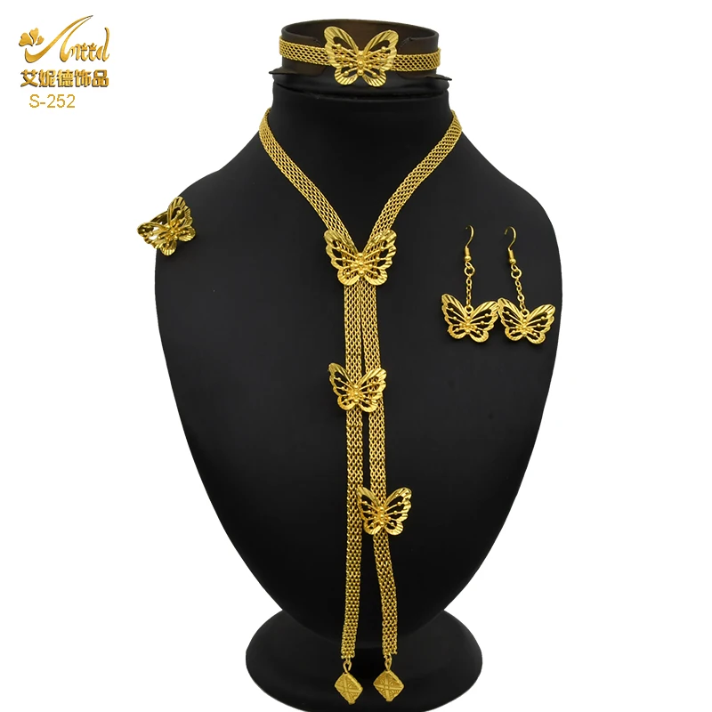 

Ethiopian Bridal Wedding Jewelry Set For Women Dubai Gold Color Butterfly Pendant Necklace And Earrings Long Nigerian Jewellery
