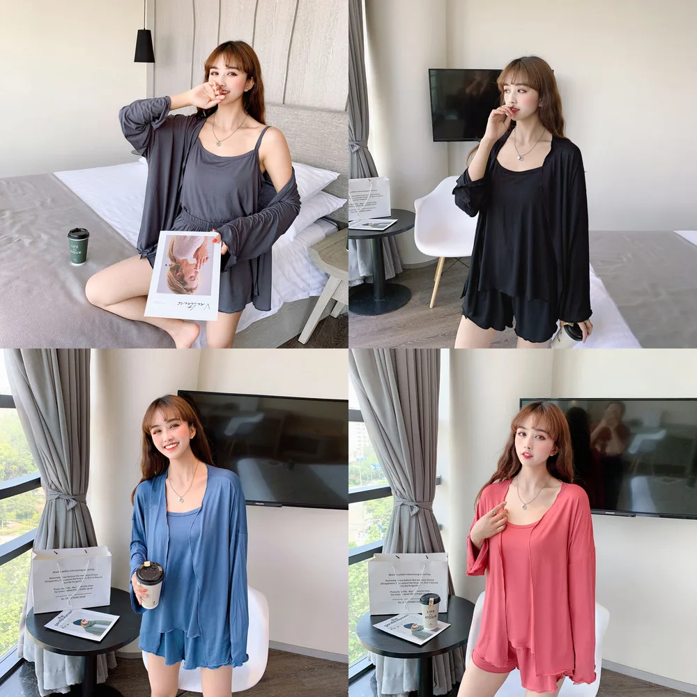 

Summer Modal Ladies Loose Three-piece Long-sleeved Cardigan Top Short-sleeved Shorts Three-piece Pajamas Set Home Service Women