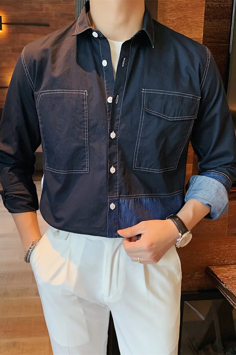 

2021 spring Denim Shirt Men Fashion Splicing Long Sleeve Casual Shirt Long Sleeve Casual Shirt Streetwear Social Party Blouse