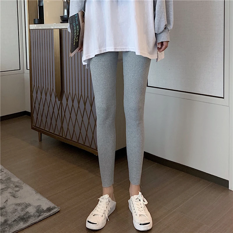 Women Black Gray Fitness Ribbed Leggings Skinny Pants Teenage Girls Comfortable Cotton Spandex Stretch Rib Legins Workout Women