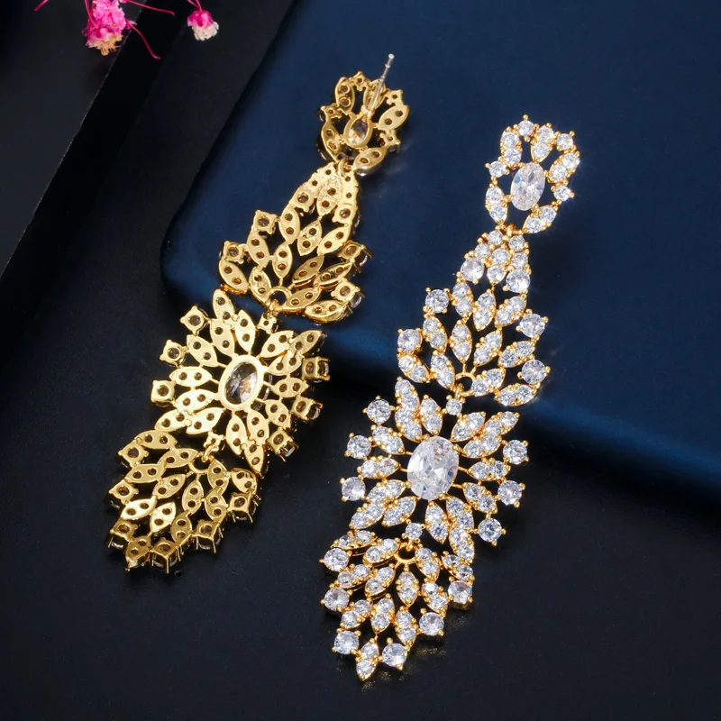 CWWZircons African Cubic Zirconia Paved Elegant Dangle Drop Indian Gold Long Wedding Bride Earrings for Women CZ649 | Украшения и