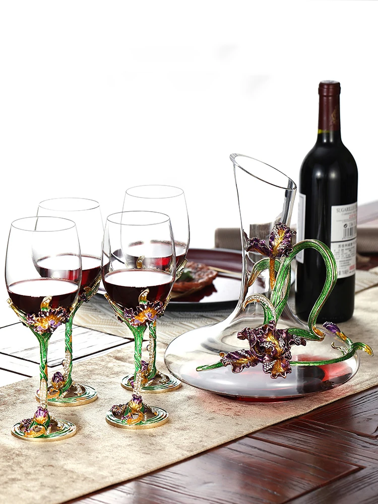 

Enamel Crystal Goblet Glass Wine Set Household Liquor Divider Four-pieces Set European Grape Brandy Glasses Luxury Decanter