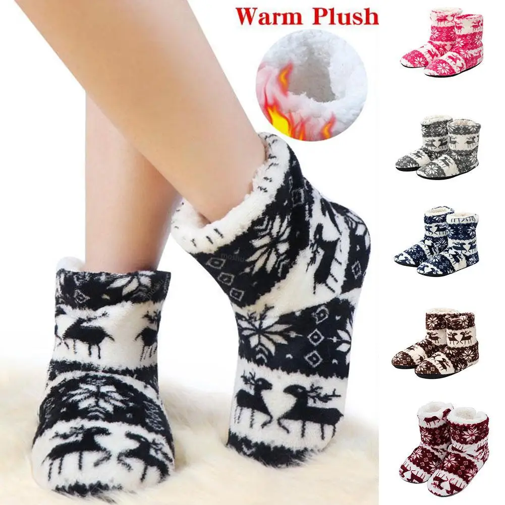 

Winter Floor Shoes Woman Hoouse Slippers Christmas Elk Indoor Socks Shoes Warm Fur Contton Slipper Plush Insole Anti-Skid Sole