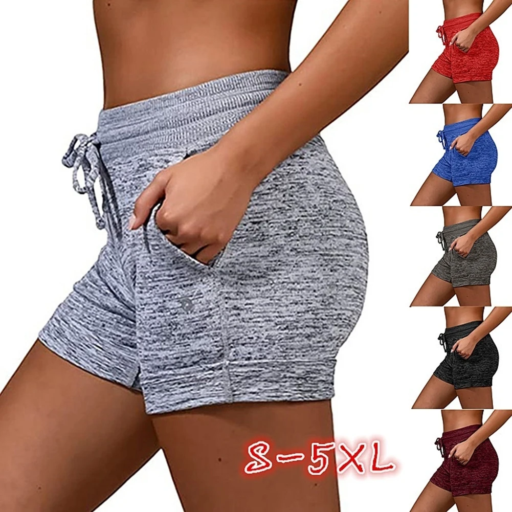 

Women Summer Sports Wear, Solid Color Drawstring Elastic Waist Yoga Shorts with Pockets for Girls, S/M/L/XL/XXL New Style 2021