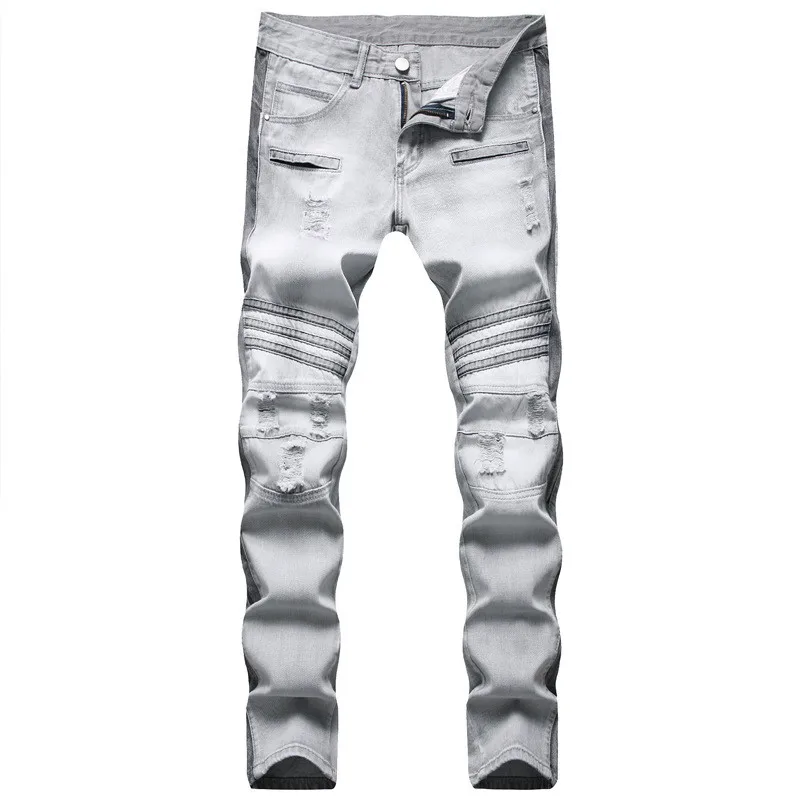 

MORUANCLE Man Fashion Hi Street Ripped Jeans Pants With Holes Straight Fit Broken Distressed Denim Trousers Grey Plus Size 28-42