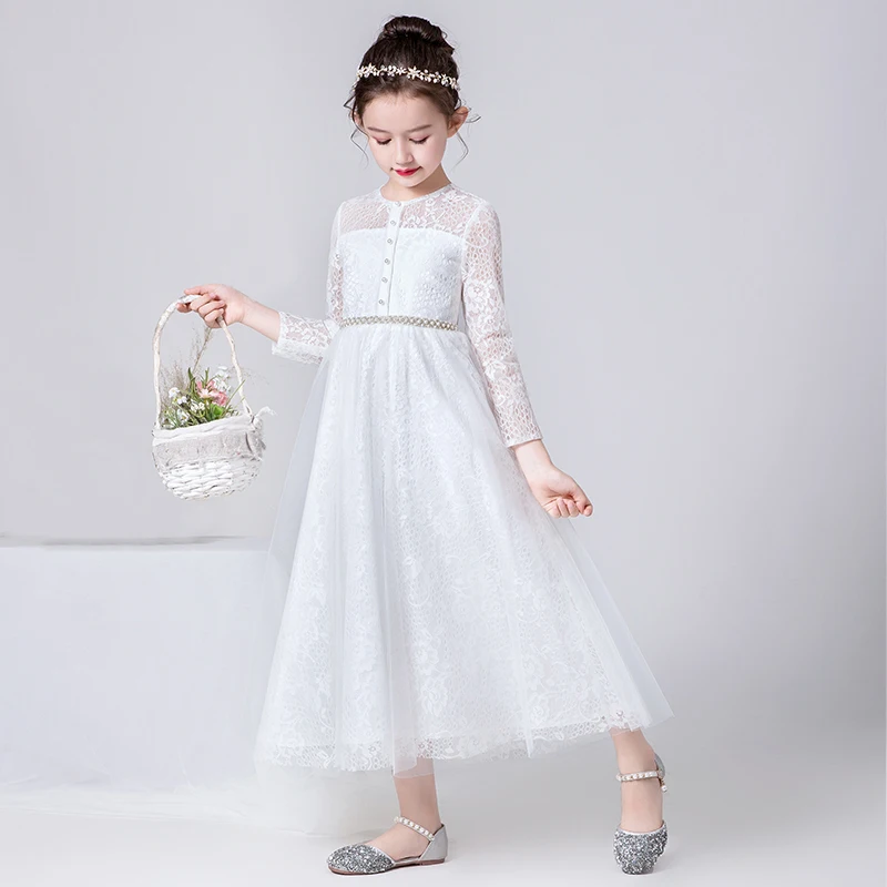 

Long White Lace Wedding Flower Girl Dress Evening Party Dresses 3/4 Sleeves Junior Bridesmaid Girls Formal Gowns Ankle Length