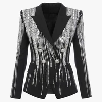 high street 2021 newest fashion designer jacket womens double breasted luxurious stunning silver metal buttons beaded blazer
