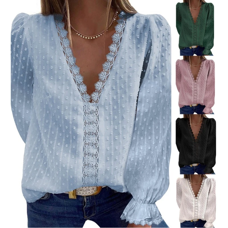 

Женская шифоновая футболка с V-образным вырезом и кружевом