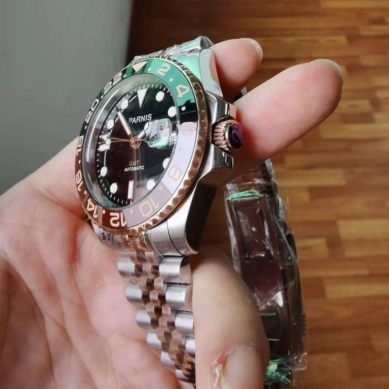 Мужские автоматические механические часы Parnis 40 мм GMT сапфировый Кристалл розовое