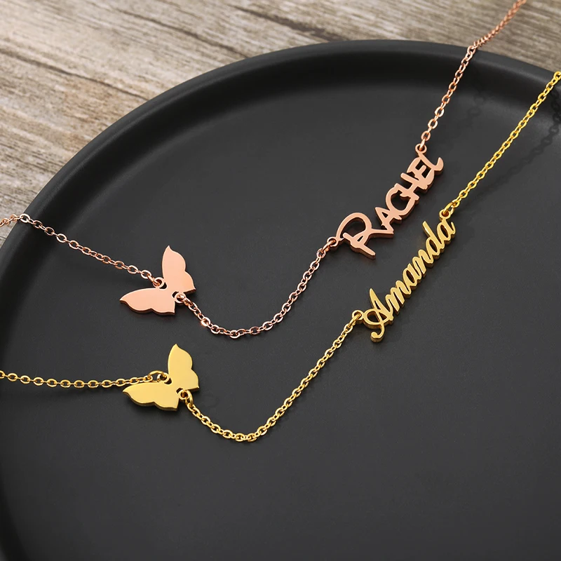 

Fashion Custom Butterfly Name Nameplate Necklace For Women Charm Stainless Steel Gold Personalized Jewelry Chain Choker Gift