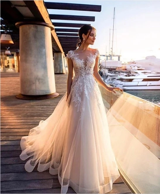 2020 элегантная Кружевная аппликация ТРАПЕЦИЕВИДНОЕ пляжное свадебное платье в