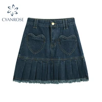 high waist y2k pleated denim skirt women casual love graphic pocket blue washed mini skirt summer 2021 streetwear e girl outfits