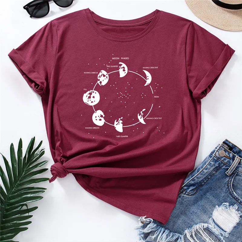 

Summer Plus Size Tshirt Women New Moon Letter Print Shirts 100%cotton Tops O Neck Short Sleeve Tshirts Women Fashion Clothing