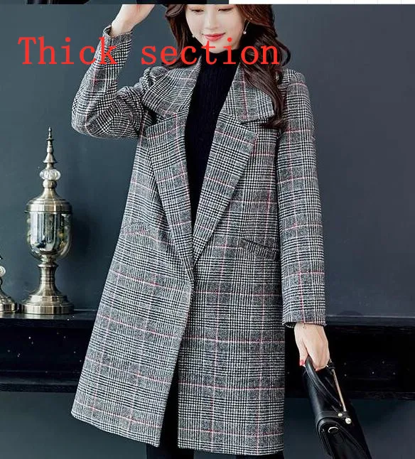 black Thick section Корейское шерстяное пальто женское с длинным рукавом с отложным воротником Верхняя одежда куртка Повседневная Осень Зима Женское клетчатое элегантное пальто - Цвет: black Thick section
