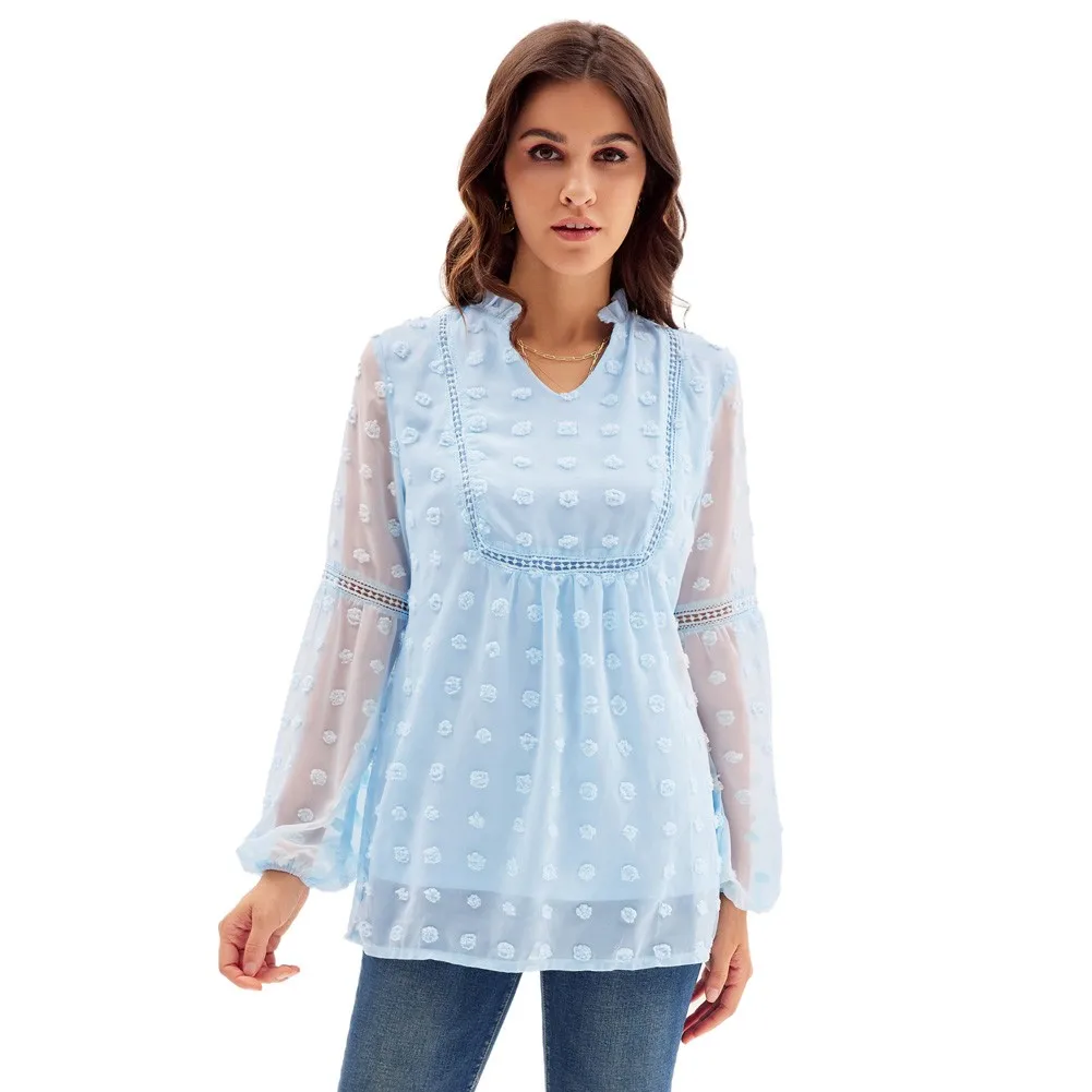 

Женская блузка в горошек, с длинным рукавом-фонариком и воротником-стойкой