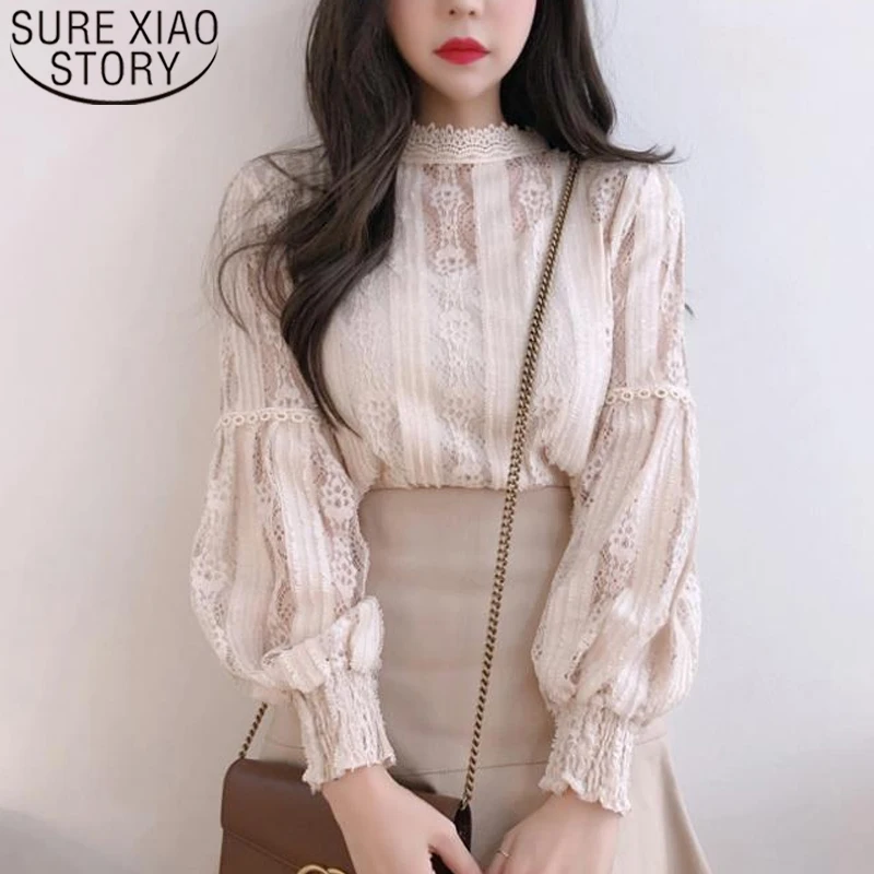 2021 женские белые кружевные блузки с длинным рукавом Сезон весна-осень Пикантные