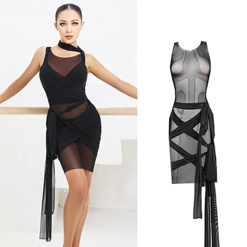 

Sexy Latin Dance Dress Women Summer Mesh Bandage Dress Cha-Cha Tango Ballroom Dancing Clothes Prom Performance Costume DNV14852