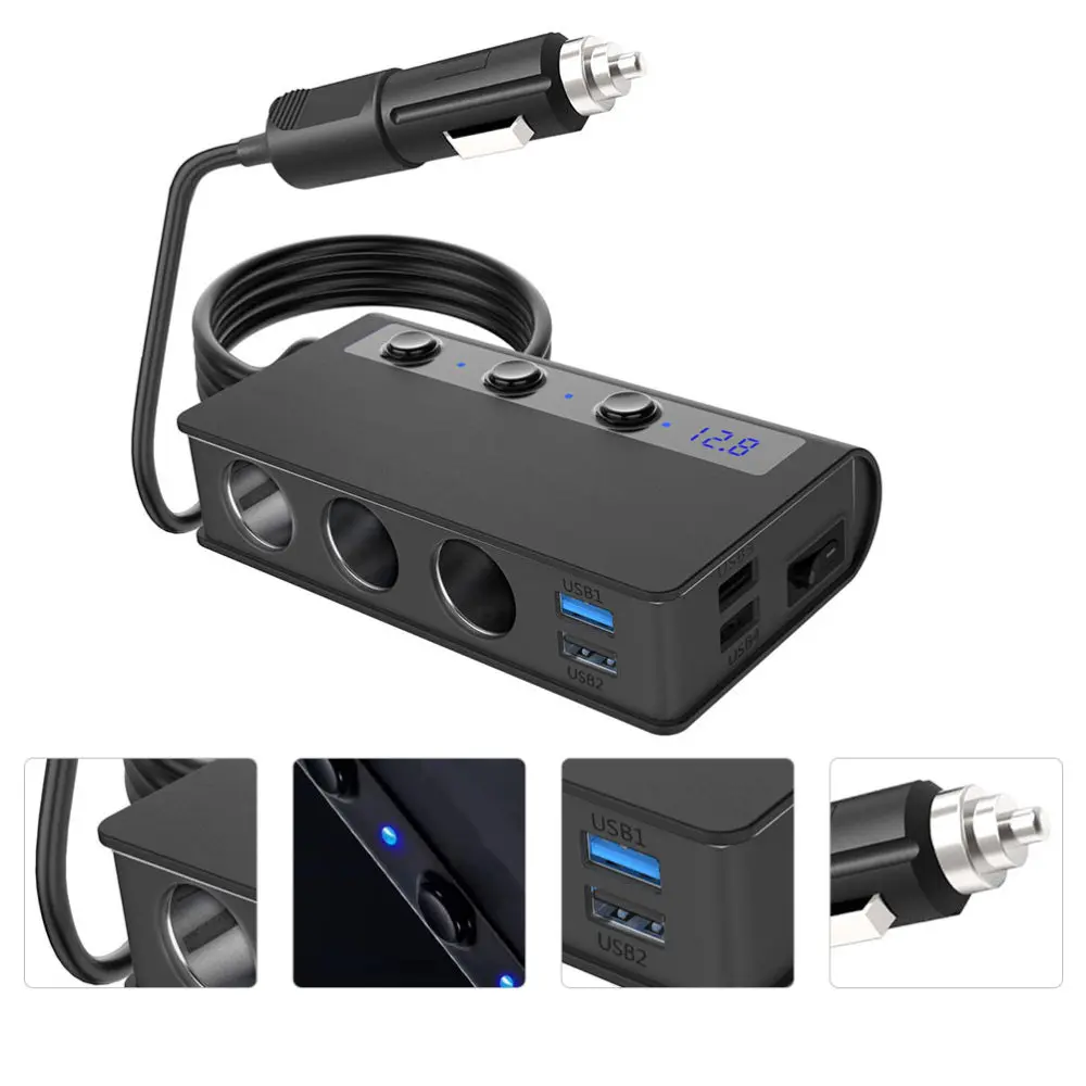 

180W Car Splitter 12V-24V 4 USB 3 Cigar Lighter DC Outlet Car Charger Adapter