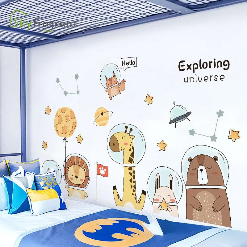 Милые наклейки на стену с изображением космонавта и животных для детской комнаты