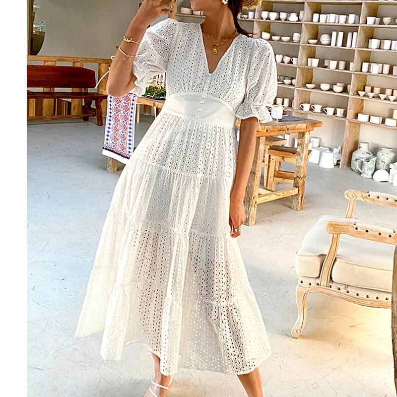 

White Lace Maxi Dress Women Puff Sleeve Hollow Out Casual Chic Summer Holiday Dresses Ruffles Female Bohemian Vestido Mujer Robe