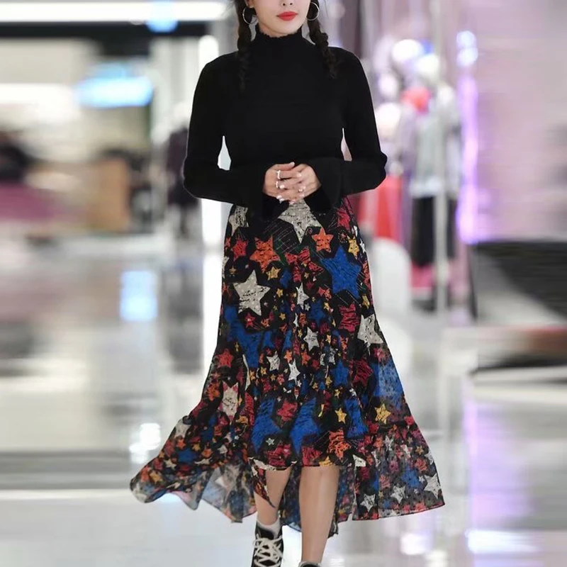 

2020 Autumn New Style Black Long-Sleeved Knitted Bottoming Shirt Print Fishtail Half Skirt Women'S Two-Piece Suit High Quality