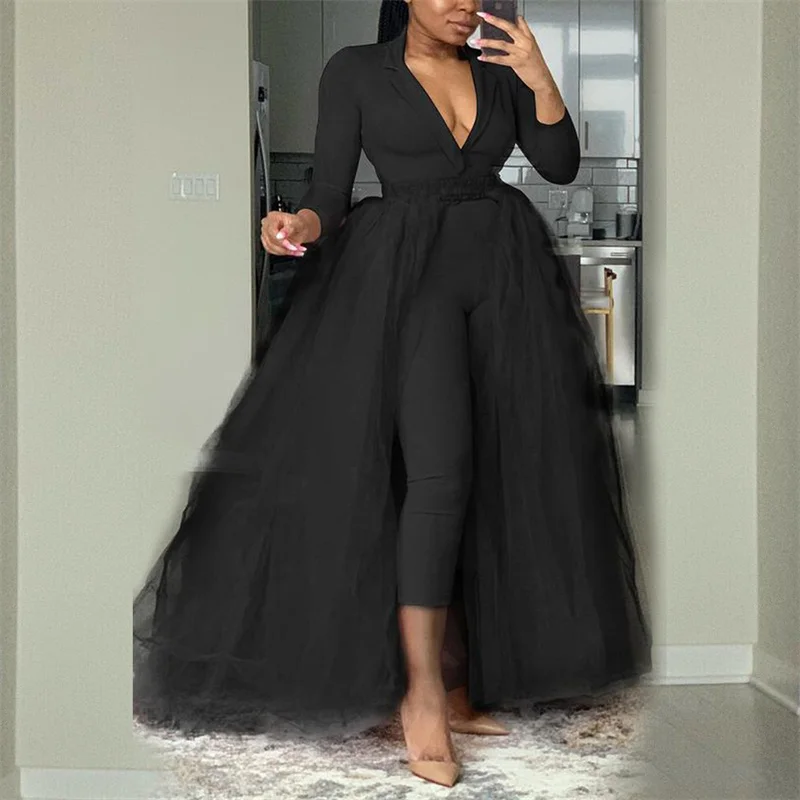 

New Plus Size Two Piece Set Women Clothes Full Sleeve Deep V-Neck Jumpsuit Gauze High Slit Long Skirt Matching Sets Club Outfits