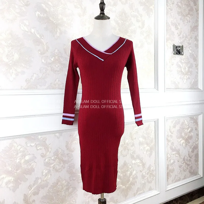 Autumn V-Neck Stitching Striped Knit Slim Solid Mini Bodycon Sexy Sweater Dress | Женская одежда