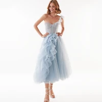 fivsole baby blue ruffles tulle midi prom dresses sweetheart one shoulder tea length wedding party gowns a line formal gown