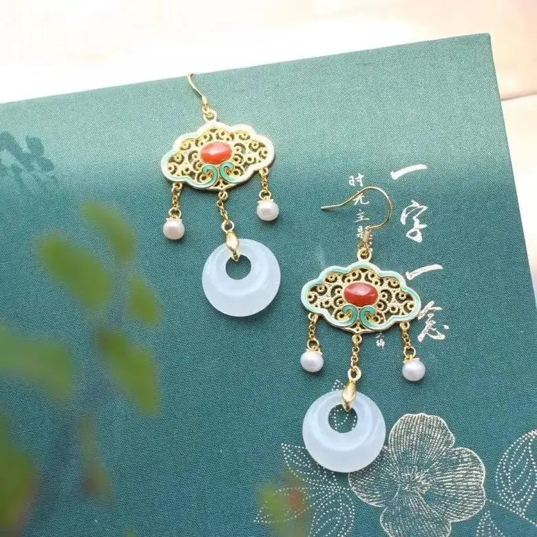 

S925 Silver Plated Inlaid Hetian Safeness Ring Earrings South Red Lucky Cloud Hollow Cloisonne Vintage Earrings Eardrops