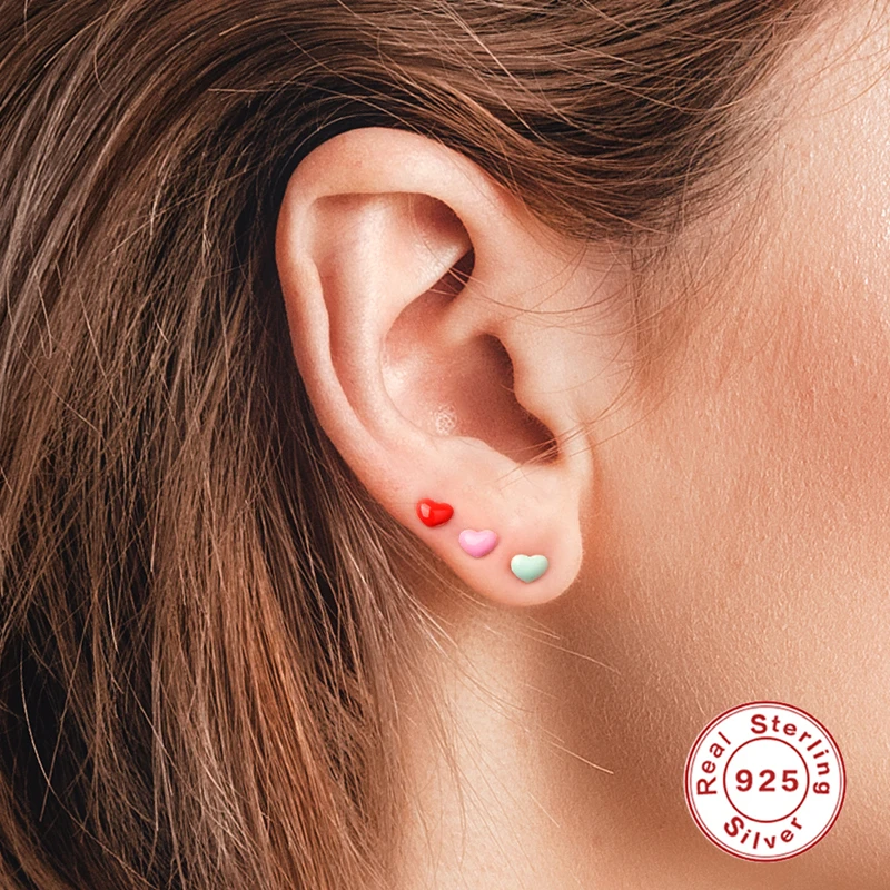 

CANNER Stud Earrings 925 sterling silver Small Piercing With Pink Heart Purple Flower Dropping Oil Earrings For Women Lovely