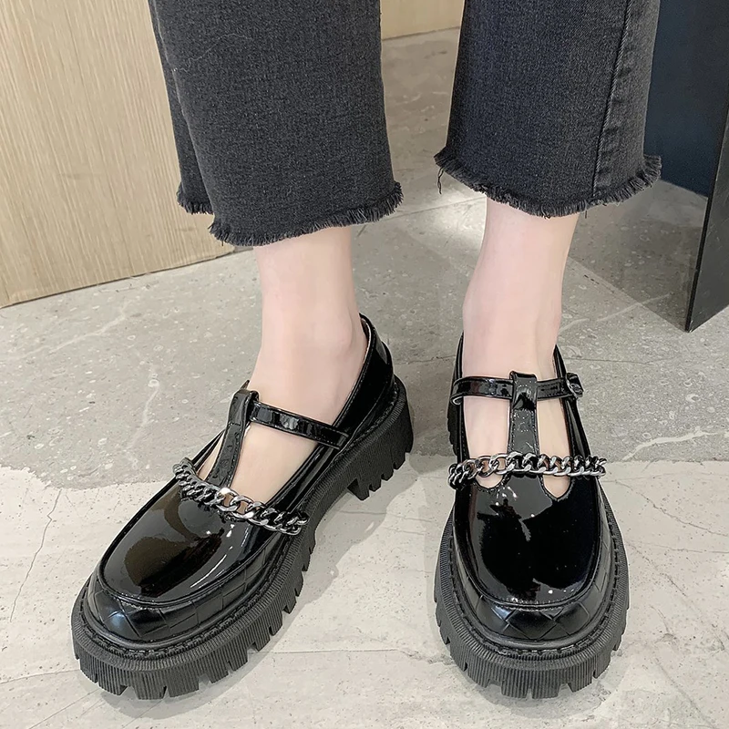 

Rimocy/модные туфли Mary Jane на платформе с цепочкой; Женские черные туфли-лодочки на квадратном каблуке с Т-образным ремешком и пряжкой; Женская о...