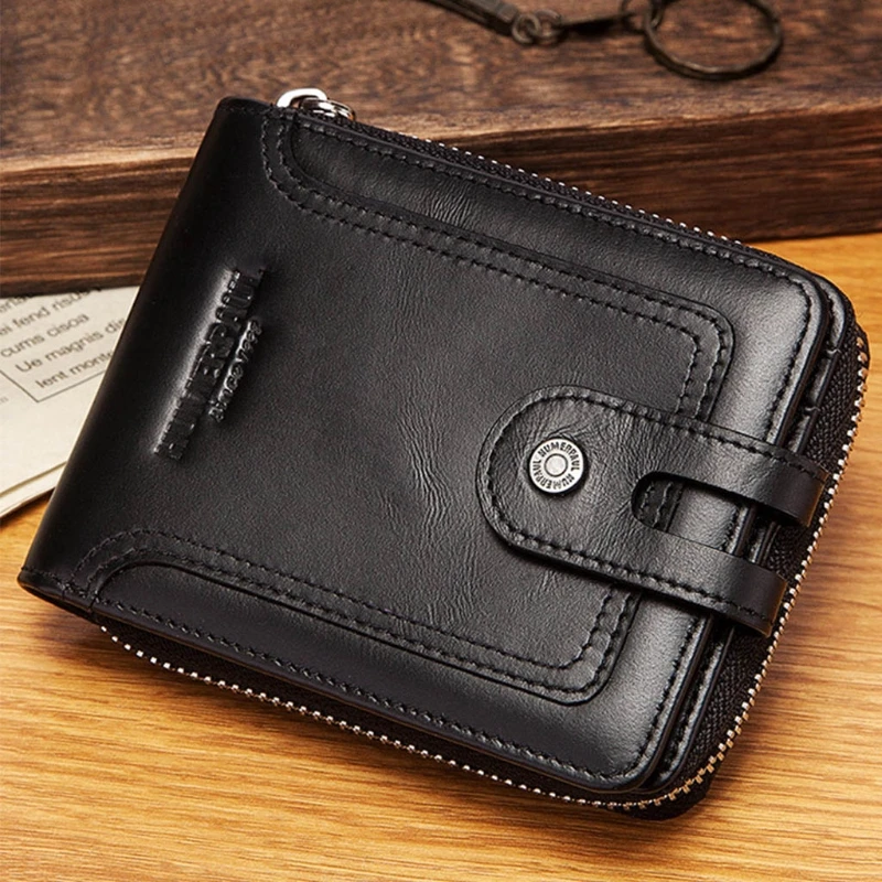 

High Quality New Cowhide Leather Wallet for Men Large Capacity ID Window Card Case with Zip Coin Pocket