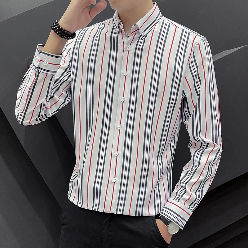 

Men's Plus Size Casual Striped Oxford Dress Shirt Single Patch Pocket Long Sleeve Regular-fit Button-down Thick Shirts