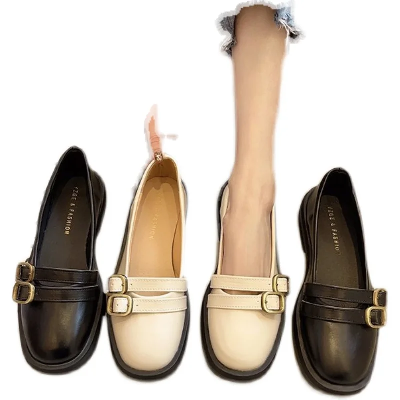 

College Style Loafers Spring And Summer New Wild Round Toe Shallow Mouth British Style Ladies Small Leather Shoes