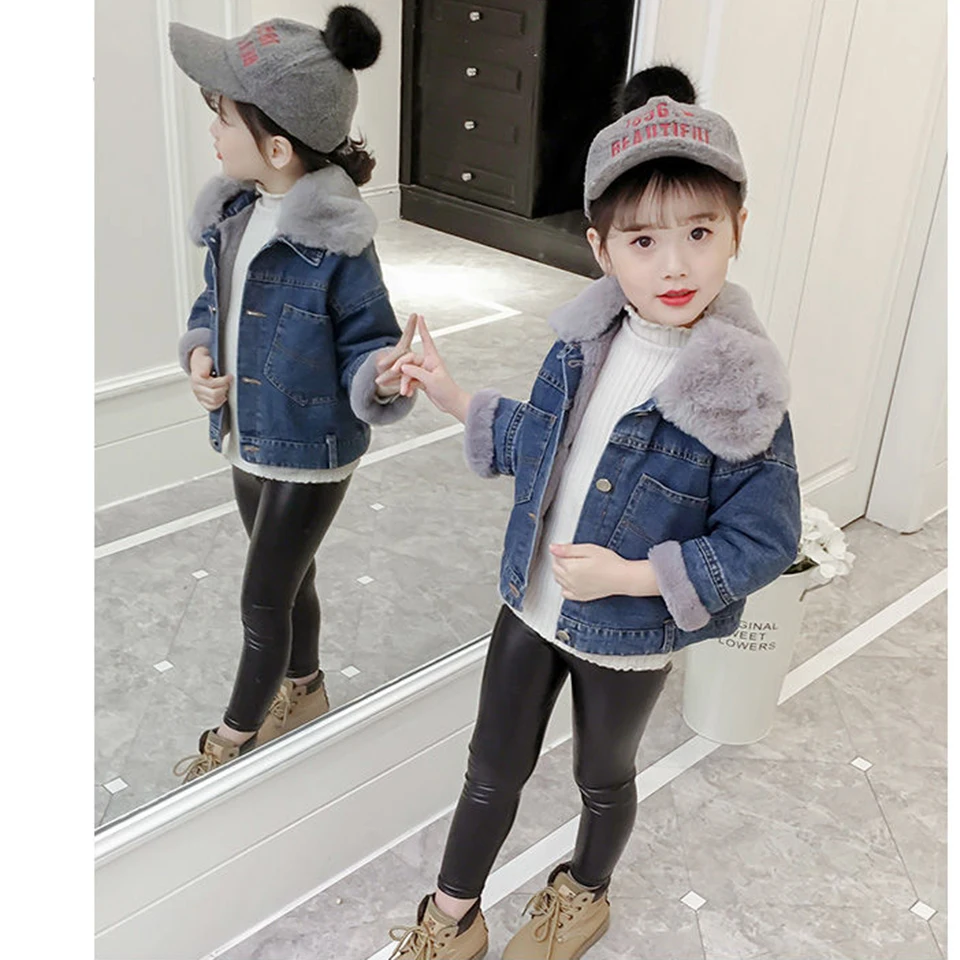 2019 Pink/Grey Color Jeans Jackets For Girl Coat Plus Velvet Windbreaker Autum Winter Outwear Children Solid Coats | Детская одежда и